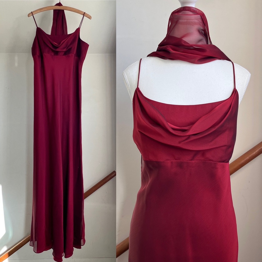 Vintage 90s Red Cowl Neck Evening Gown Maxi Dress 14 Shawl Demure Romantic Prom